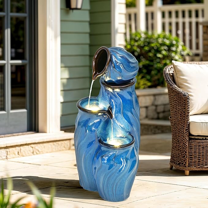 29" Ceramic Outdoor Fountain with Lights, 4-Tier Pots Waterfalls Patio Water Fountain, Tranquil Oasis for Relaxing Garden, Yard, or Porch Decor, Turquoise, Dynamic Wave-Texture - Bloomnest