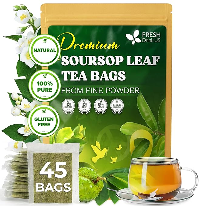 FreshDrinkUS, Premium Soursop Graviola Leaf Tea | 45 Tea Bags form Powder, 100% Natural and Pure, Handmade, Made With Natural Materials-Corn Fiber Tea Bag, Sugar/Caffeine Free, Hoja Guanabana Tea - Bloomnest