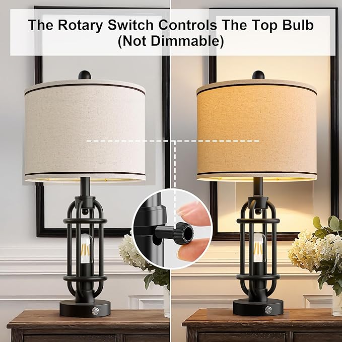 24'' Table Lamps for Living Room Bedroom Set of 2 Industrial Touch Lamp with USB A+C Ports, Night Light Farmhouse Vintage Nightstand Bedside Lamps for Night Stands Metal Black, Bulbs Included - Bloomnest