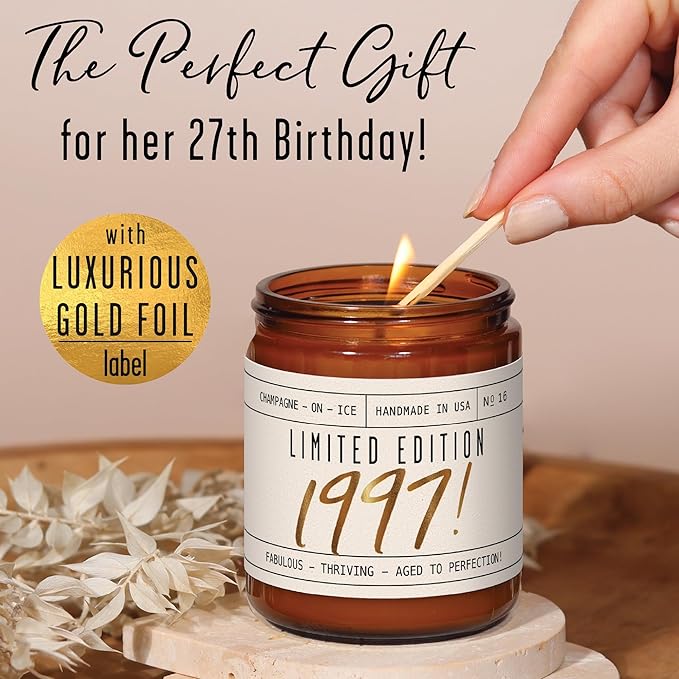 27th Birthday Gifts for Women - 'Limited Edition 1997' Soy Candle, w/Champagne on Ice I 27 Birthday Gifts for Women I 27th Birthday Gift for Her Ideas I 9oz Reusable Jar, 50Hr Burn, Made in USA - Bloomnest