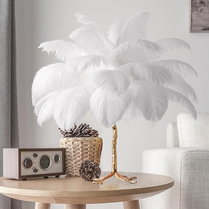 MAYOLA Modern Ostrich Feather Table Lamp with Plug in Wire,3-Light Bedside Floor Lamp for Living Room, Bedroom and Office 24” Tall Feather Desk Lamp (White, Table Lamp-Resin) - Bloomnest