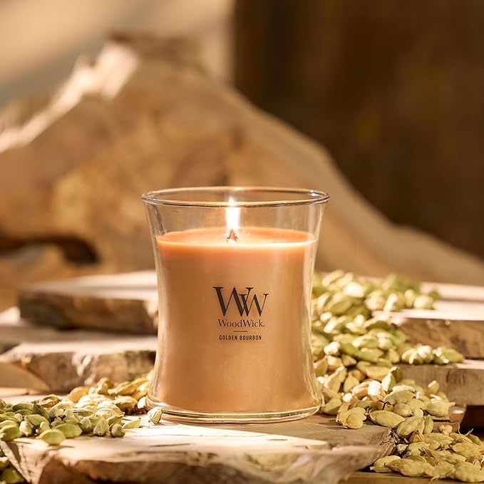 WoodWick Golden Bourbon Holiday Candle Gifts for Women and Men, 9.7 oz Medium Hourglass Candle with Crackling Wick - Bloomnest