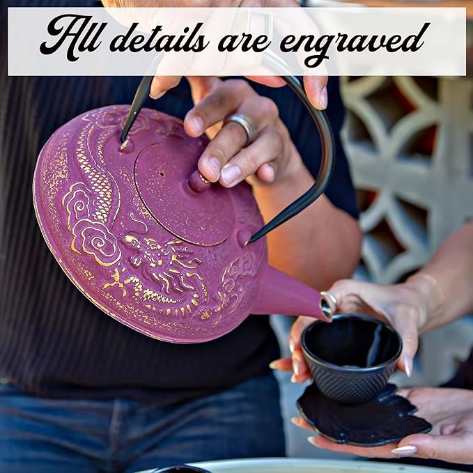 Large Cast Iron Tea Kettle Set - 40oz/1200ml Japanese Teapot with Infuser & Matching Trivet - Tetsubin Iron Tea Pot Japanese Style with Enamel Interior - Handcrafted Dragon Teapot Humidifier - Purple