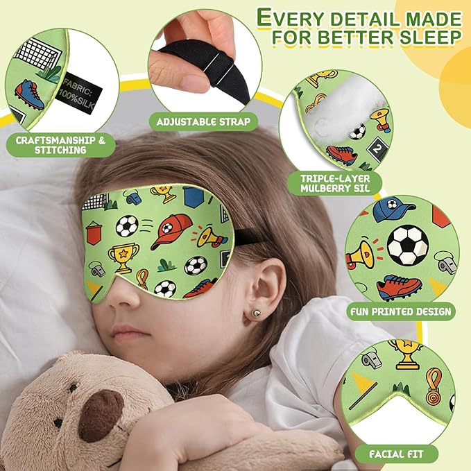 Kids Silk Sleep Mask: 100% Mulberry Silk Eye Mask with Adjustable Strap, Cute Sleeping Blindfold for Boys Girls Teens, Soft & Lightweight Eye Shade for Travel, Nap, Bedtime (Soccer Cute Print) - Bloomnest