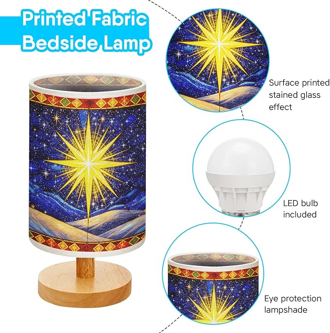 Star Christmas Table Lamp LED 3-Color Pressed Bedside, Star Christmas Shade Lamp with Wood Base for Bedroom Living Room Desk Office - Bloomnest