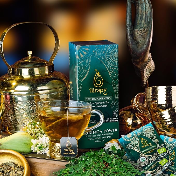 Térapy Ceylon Organic MORINGA TEA | USDA Organic Herbal Tea Bags| Helps with Vitality & Antioxidants | 100% Natural Ayurvedic Ingredients | 20 Individually Wrapped Tea Bags - Bloomnest