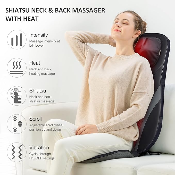 Snailax Shiatsu Back Massager with Heat -Deep Kneading Massage Chair Pad with Adjustable Intensity, Shiatsu Chair Massager to Relax Full Body Muscle - Bloomnest