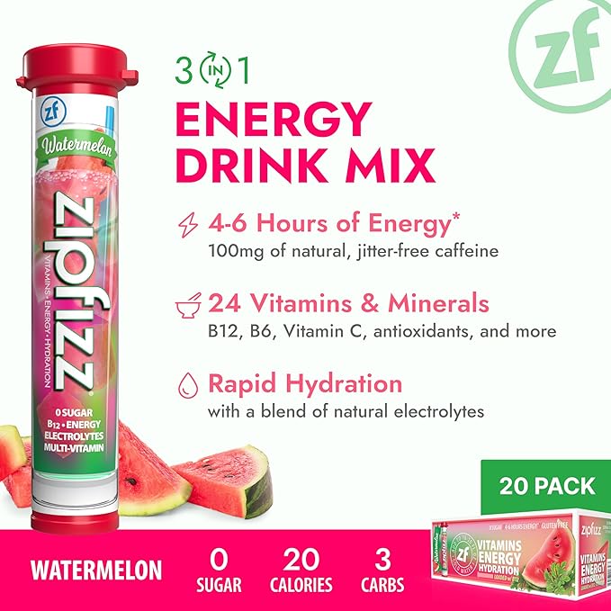 Zipfizz Daily Energy Drink Powder, Watermelon, 20 Pack | 3-in-1 Sustained Energy, Rapid Hydration, and Essential Vitamins | Sugar-Free | Electrolyte Powder | Contains Vitamin B-12 & Antioxidants - Bloomnest