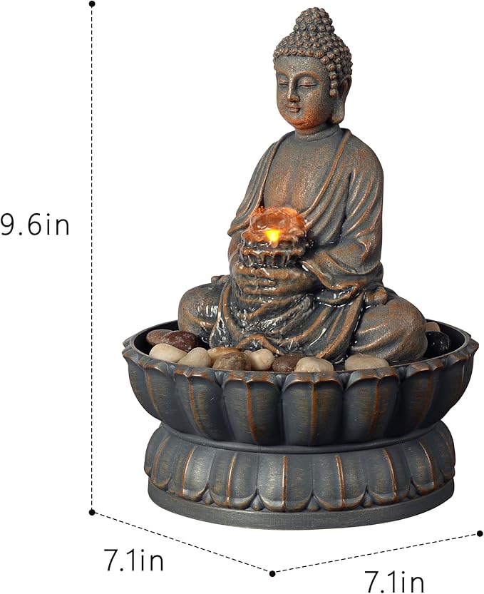 Kalona Home Décor 9.6" Tabletop Fountain Exquisite Smile Sitting Buddha Fountains Desk Water Fountain Decorative Zen Fountain w/Reflective Lighting/Cobblestone Office and Home Decor(21125A) - Bloomnest