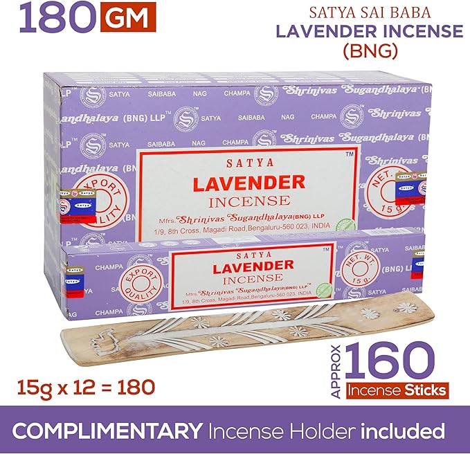 Satya Lavender Incense Sticks, Satya Bng (Bangalore) Insenses 15gmx12 Pack with Raajsee Incense Holder Bundle, Satya Nagchampa Natural Incense - Bloomnest