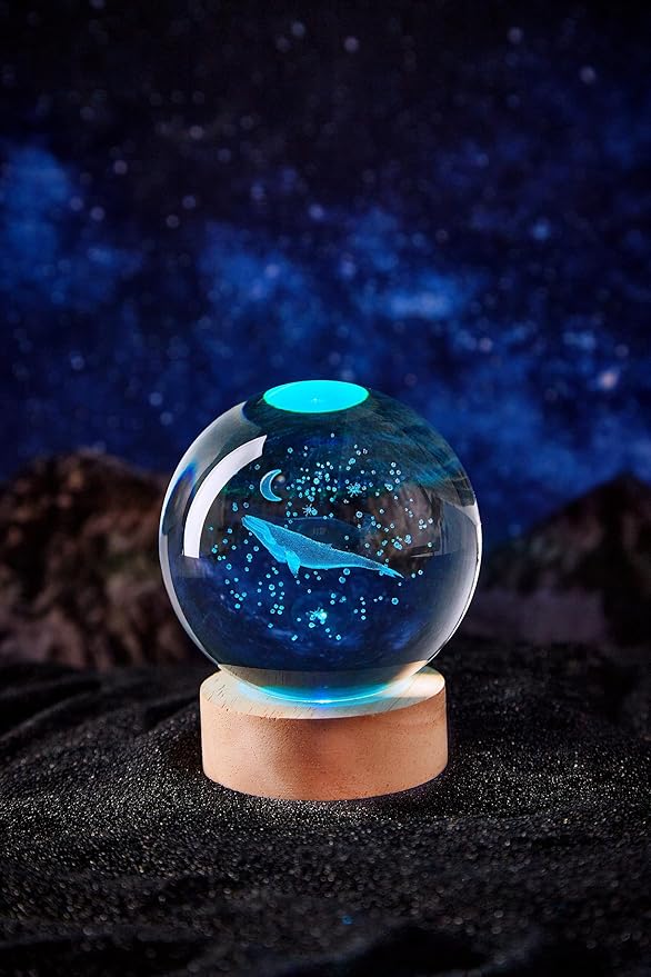 3D Large Whale Crystal Ball Night Light with Wooden Base, Underwater World Crystal Lamp Gift for Kids Wife Friends, 16 Color Changing with Remote Control, 3.15 inch Glass Ball Lamp (Whale) - Bloomnest
