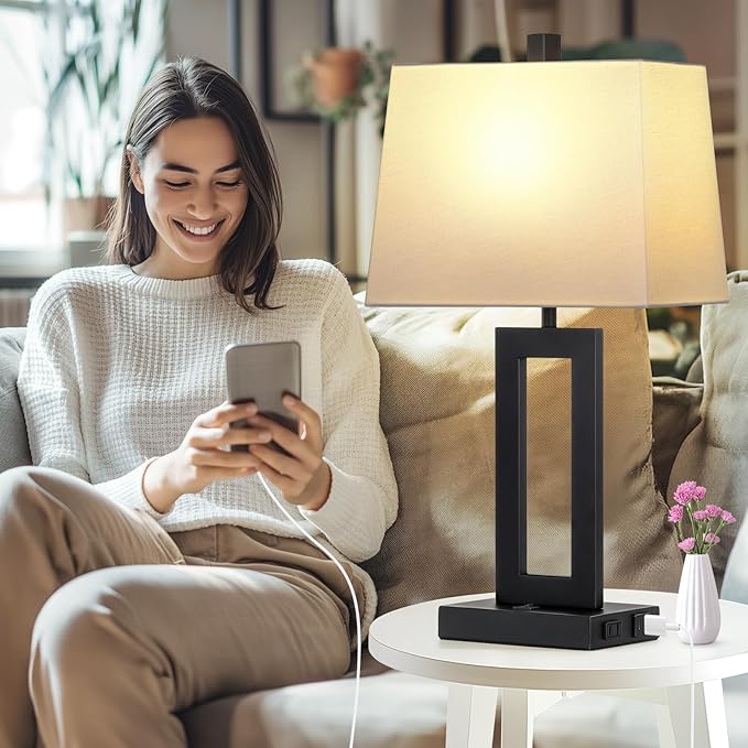 Table Lamp Set of 2 with USB C+A Ports & AC Outlet, Bedside Lamps, Modern Bedroom Lamps, Black Lamps for Night Stands Bedroom Living Room,Nightstand Lamp - Bloomnest