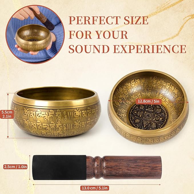 AKLOT HandMade Meditation Singing Bowl: Tibetan Sound Bowl Set with Pure Tone, Sound Bath Bowl with Cushion, Mallet, Carry Bag, Spiritual Gift for Chakra Clearing, Yoga, Prayer, Relaxation (5 Inch)
