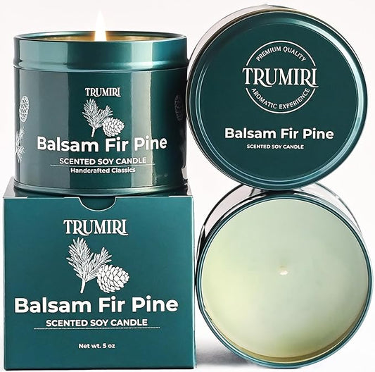 Balsam Fir Pine - Soy Candles for Home Scented - 5oz Natural Clean Non Toxic - for Fall Winter Christmas Holidays - Long Lasting Highly Scented Pet Safe Luxury Tin - Velas Aromáticas para el Hogar TRUMIRI