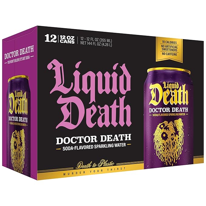 Liquid Death Soda-Flavored Sparkling Water - Doctor Death (Cherry, Cream, Spice), Less Sugar*, Huge Flavor, No Caffeine, No Artificial Sweeteners, 12 Fl Oz (Pack of 12) - Bloomnest