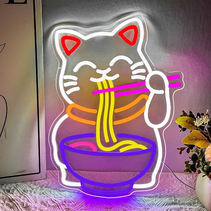 Fortune Cat Ramen Neon Sign, Japanese Noodle Neon Light Sign, Dimmable Lucky Cat LED Neon Lights for Wall Decor Restaurant Kitchen Ramen Shop Bar Room Gifts - Bloomnest