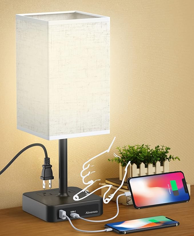 Touch Control Bedside Table Lamp with USB C & USB A Charging Port and 2 AC Outlet, Minimalist LED Desk Light with Charger Base Brown Fabric Shade for Bedroom/Nightstand/Office - Bloomnest