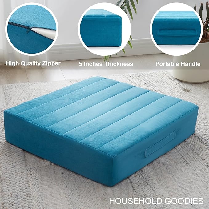 22 inches Floor Pillow for Adults - Large Meditation Cushion with Thick Foam & Soft Tufted Cover - Premium Outdoor Square Floor Cushion Seat - Yoga Pillow for Sitting On Floor - Peacock Blue - Bloomnest