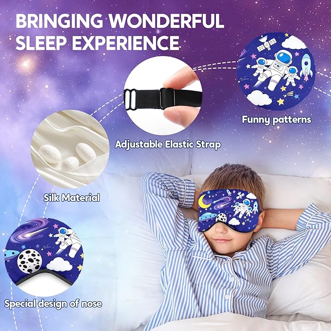 2 Pcs Sleep Mask for Kids Boys, Silk Eye Covers for Sleeping, Adjustable Strap & Light Blocking Design, Children's Bedtime Blindfold for Travel and Home Use (Astronaut) - Bloomnest