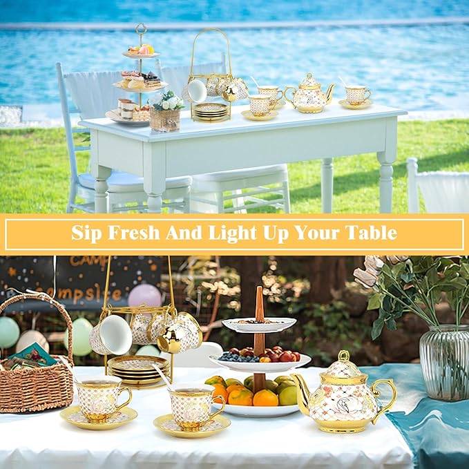 20 Pcs Porcelain Tea Set with Metal Holder, Adult Tea Sets Gift, European Ceramic Tea Set for Adults, Flower Tea Cup Saucer Set for Party With Gold Flower Painting (Classic Gold) - Bloomnest