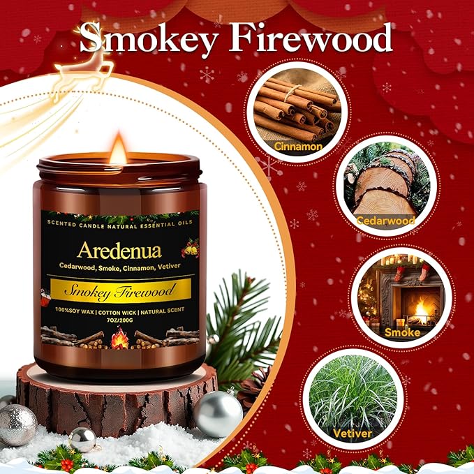 Christmas Candles - Firewood Scented Candles | Christmas Scented Candles - 7 oz Soy Candle with Warm Wood Smoke Aroma, Winter Scented Ideal for Cozy Cabin, Holiday Gift for Men & Women - Bloomnest