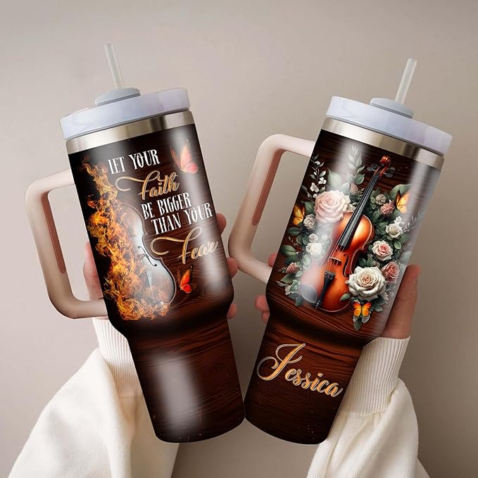 WAZONE Personalized Vintage Violin Tumbler 40oz with Handle and Straw Custom Name Let Your Faith Be Bigger Than Your Fear Stainless Steel Coffee Mug Novelty Gift For Violinist Girl Women Men - Bloomnest