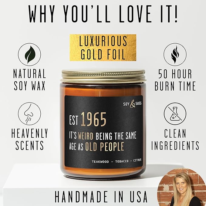 60th Birthday Gifts for Him/Her - 'Weird Being The Same Age as Old People' Soy Candle, w/Teakwood & Tobacco I 60th Birthday Gifts for Men/Women I 1965 60 Year Old Gift for Men I Made in USA - Bloomnest
