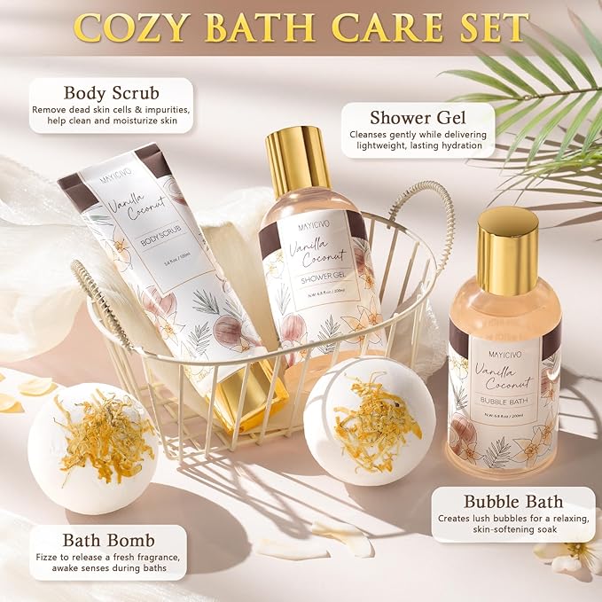 Birthday Gifts for Women, Vanilla Coconut Relaxing Spa Gift Baskets for Women Self Care Package Bath Gift Set, Home Bath and Body Kit Pamper Valentines Day Gifts for Her Womens Mom Friends Sister Wife - Bloomnest