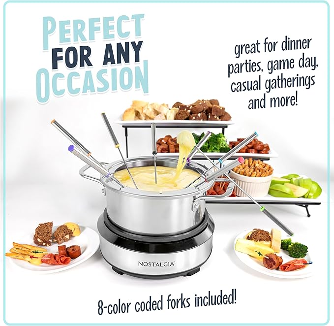 Nostalgia 8-Cup Electric Fondue Pot Set for Cheese & Chocolate - 8 Color-Coded Forks, Temperature Control - Kitchen Gadgets and Appliances for Hors d'Oeuvres and More - Stainless Steel - Bloomnest