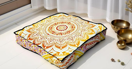 INDIAN CRAFT CASTLE 24" Yellow Ombre Mandala Barmeri Large Floor Pillow Cover Cushion Meditation Seating Ottoman Throw Cover Hippie Decorative Zipped Bohemian Pouf Ottoman Pom Pom Cases 24" Square - Bloomnest