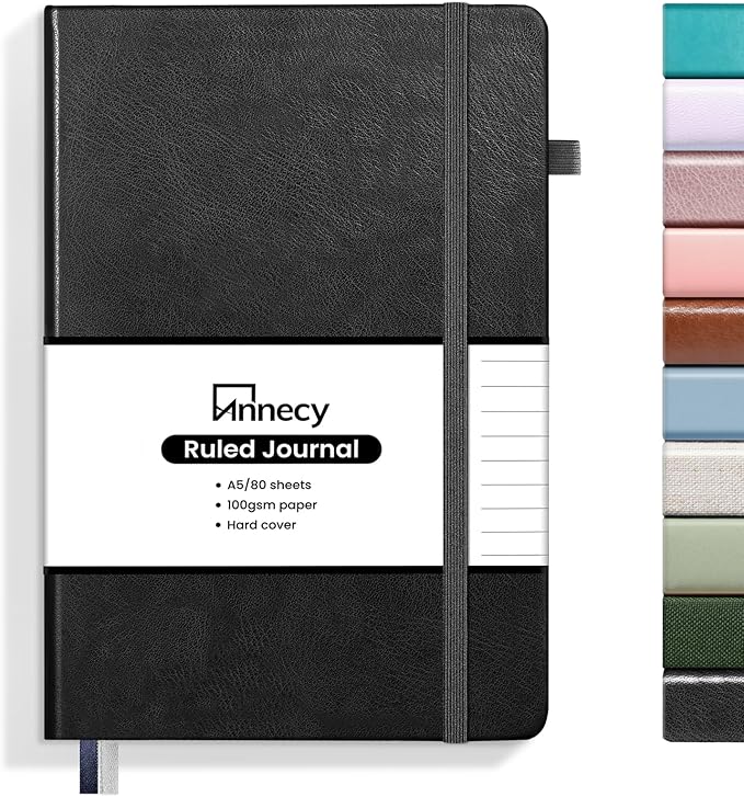 Annecy Lined Journal Notebook, Hardcover Leather Journal for Women & Men, 160 Numbered Pages, Medium 5.5" x 8.25", 100 GSM Thick Paper, Black - Bloomnest