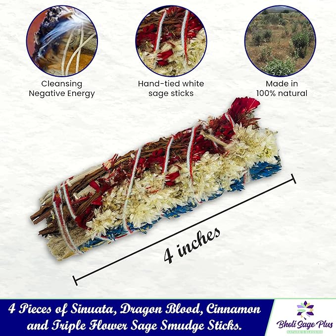 Sage Smudge Kit for Cleansing Negative Energy and Cleansing Home Sinuata, Dragon Blood, Cinnamon and Triple Flower Dried - 4'' Long Pack of 4 White California Sage Sticks - Bloomnest