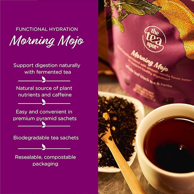 The Tea Spot Organic Morning Mojo Black Tea with Vanilla and Citrus for Energy | Breakfast Blend of Pu'erh Tea, Black Tea, Orange Peel and Vanilla Flavor | 15 Tea Bags - Bloomnest