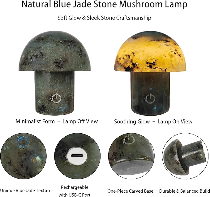 Handcrafted Onyx Mushroom Lamp - 4.3" x 4.7" Natural Marble Stone Night Light with 3-Level Brightness, Rechargeable Touch LED Accent Light for Bedroom, Office, Gift - Bloomnest