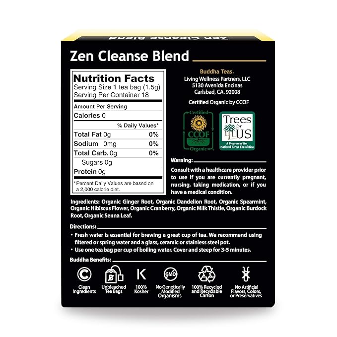 Buddha Teas Organic Zen Cleanse Blend - OU Kosher, USDA Organic, CCOF, 18 Bleach-Free Tea Bag - Bloomnest
