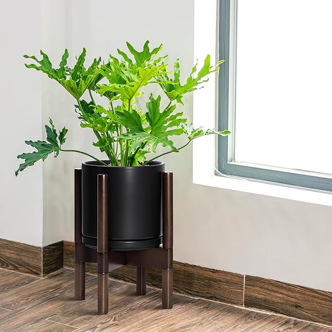 D'vine Dev Ceramic Planter with Walnut Color Stand - 8 Inch Modern Round Flower Pot with Wood Planter Holder, Black, 55-B-Y-2 - Bloomnest