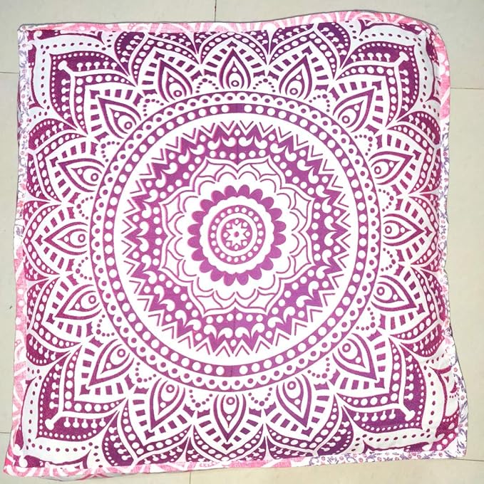 INDIAN CRAFT CASTLE 24" Pink Ombre Mandala Barmeri Large Floor Pillow Cover Cushion Meditation Seating Ottoman Throw Cover Hippie Decorative Zipped Bohemian Pouf Ottoman Pom Pom Cases 24" Square - Bloomnest