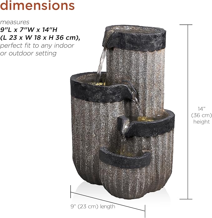 Alpine Corporation WIN1372 14" Tall Cascading Tabletop Fountain with LED Lights – Decorative Indoor Water Feature for Desk, Patio, and Home Décor, Gray - Bloomnest
