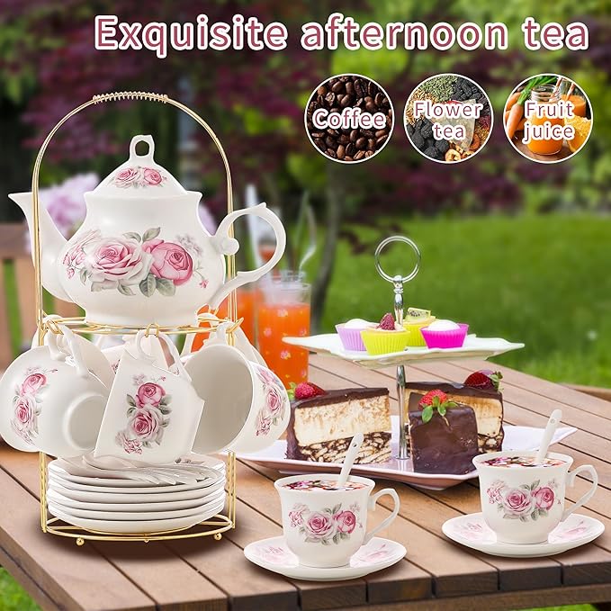 20-Pieces Tea Set For Adult with Golden Metal Rack,Porcelain Tea Sets For Women,Tea Gift Sets for Home&Party(016) - Bloomnest