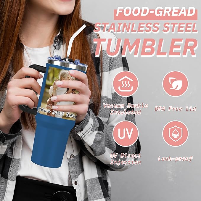 Personalized Tumbler with Handle and Straw Lid, Custom 40oz Tumblers with Picture, Logo, Text, Customized Stainless Steel Travel Coffee Cup for Women Men, Gifts for Birthday Christmas Anniversary - Bloomnest