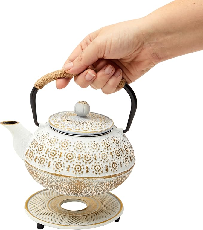 Juvale Stovetop Cast Iron Tea Kettle with Infuser - Superior Heat Retention Loose Leaf Tea Pot - Built-In Teapot with Strainer - Includes Trivet & Infuser Kettle - White, 27 Oz (800 ml) - Bloomnest