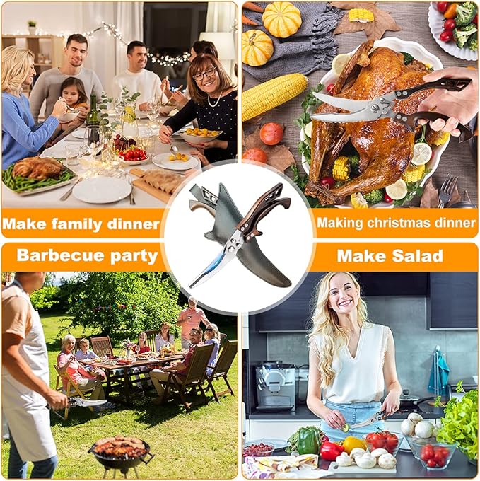 ANDONG Kitchen Scissors, Heavy Duty Professional Poultry Shears, Stainless Steel Spring Loaded, Dishwasher Safe, with Black Leather Sheath - Bloomnest