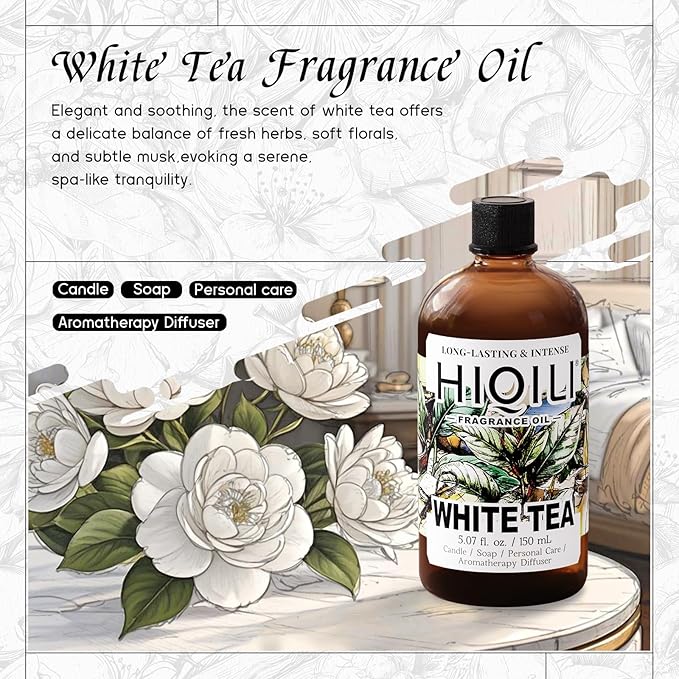 HIQILI White Tea Fragrance Oil for Essential Oil Diffuser, DIY Candle & Soap Making, Blend to Perfume & Air Freshener Spray - 5.07 Fl Oz HIQILI