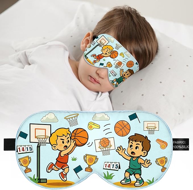 Kids Sleep Mask – 100% Mulberry Silk Eye Mask with Adjustable Strap, Soft Light Blocking Sleeping Mask for Children, Cute Printed Eye Cover for Boys Girls Ages 5-15 (Basketball Style) - Bloomnest
