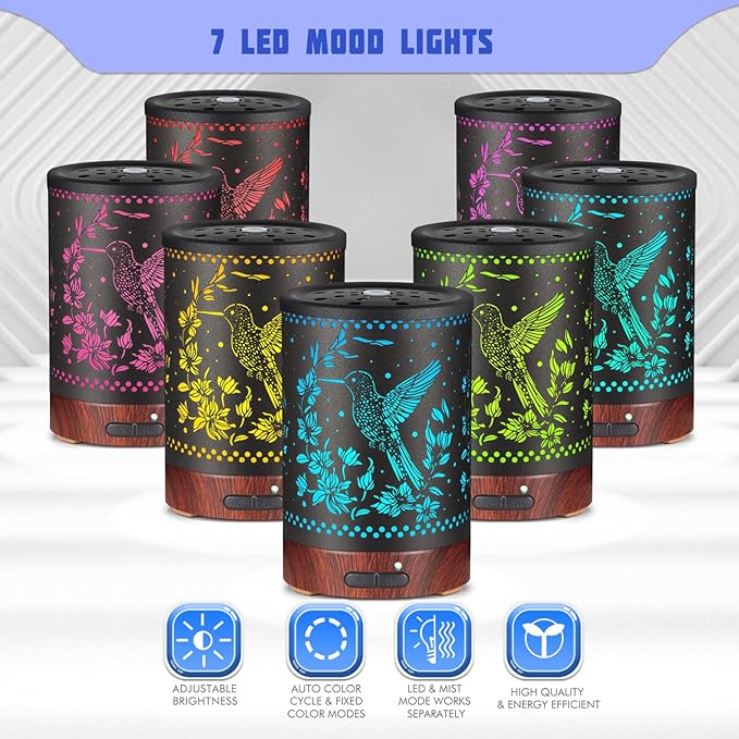 Metal Essential Oils Diffuser 150ML Aromatherapy Diffuser Cool Mist Humidifier with 7 Colors Lights Waterless Auto Off Air Diffusers as Gifts for Moms Women Girls (E-Hummingbird) - Bloomnest