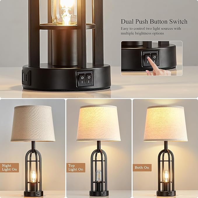 Black Table Lamps for Living Room Set of 2 - Farmhouse Lamps for Night Stands with USB A+C, Bedside Lamps for Bedroom, 24'' Industrial Lamp for Living Room End Tables - Bloomnest