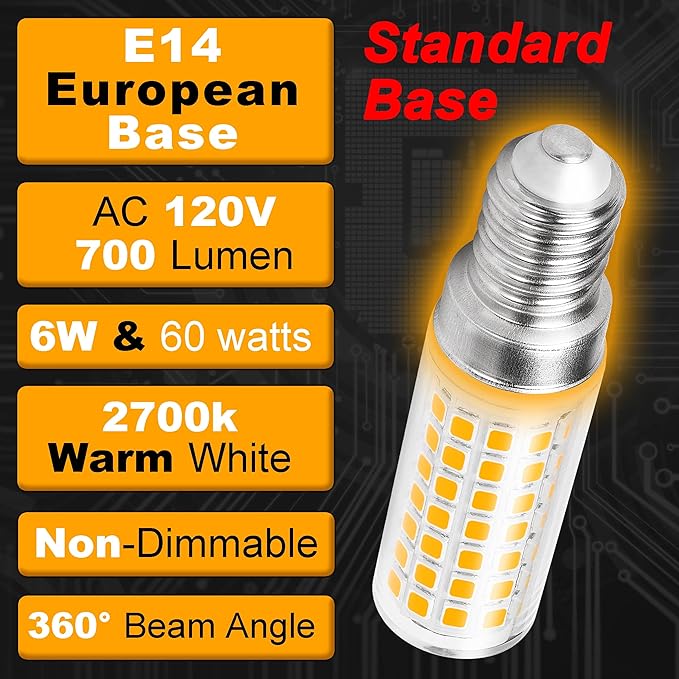 E14 T6 C7 LED Light Bulb 6W AC120V Warm White 2700K 700lm Equivalent 60W E14 European Base LED Bulb Replacement Chandeliers Pendant Ceiling Fan Range Cooker Hood Bulb Turkish Lamp,Non-Dimmable, 3 Pack - Bloomnest
