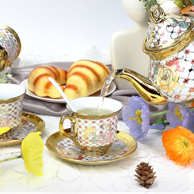 20 Pcs Porcelain Tea Set with Metal Holder, Adult Tea Sets Gift, European Ceramic Tea Set for Adults, Flower Tea Cup Saucer Set for Party With Gold Flower Painting (Classic Gold) - Bloomnest