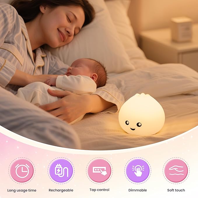 Night Light for Kids, Rechargeable Dimmable Silicone LED Nightlight with 7 Colors, Baby Nursery Night Lamp, Touch Squishy Lamp, Cute Gifts for Girls, Boys, Toddler Room Decor, Dumpling - Bloomnest