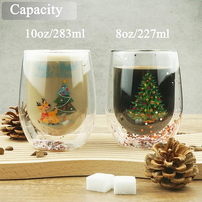 Christmas Mugs, 8 oz Double Wall Insulated Glass Coffee Mugs Set of 2, Cute Funny Mugs Coffee Cups for Cappuccino, Latte, Americano, Tea, Wine and Beverage - Bloomnest